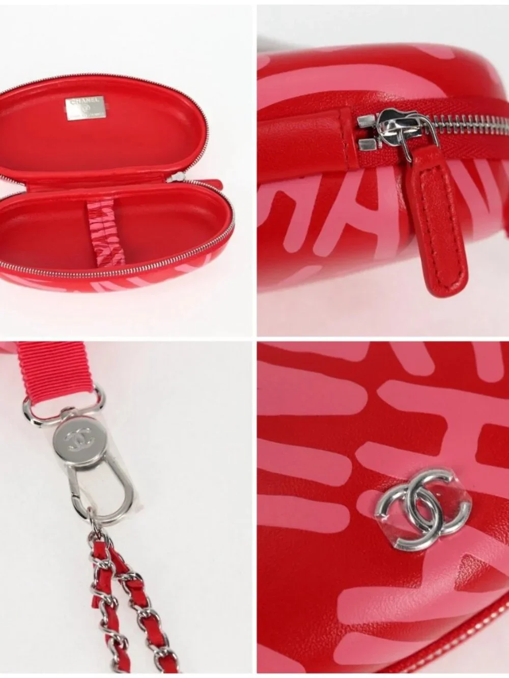 CHANEL Chain Glasses Sunglasses Case Glasses Case Leather Red CC Auth bs24979SAM